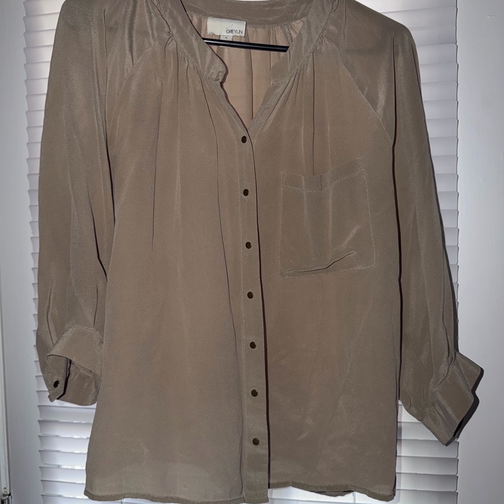 Greylin Taupe Button-Front Blouse in Neutral Taupe